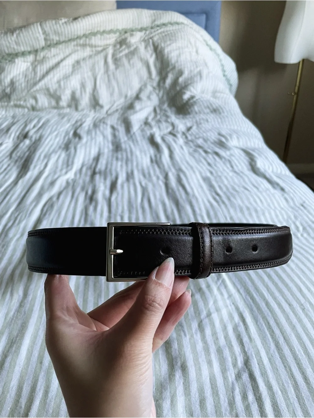 Men’s Zara Leather Dress Belt Size 90 cm / 35 inches Dark Brown Double Stitching